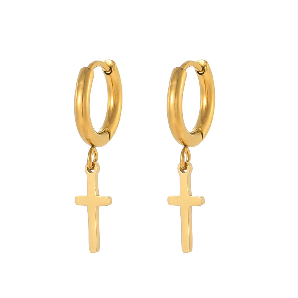 Gold hoop earrings with cross pendants on a white background