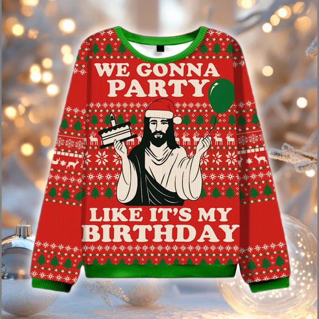 Red sweater with Christmas-themed design featuring a character and text 'We Gonna Party Like It's My Birthday' on a blurred festive background.