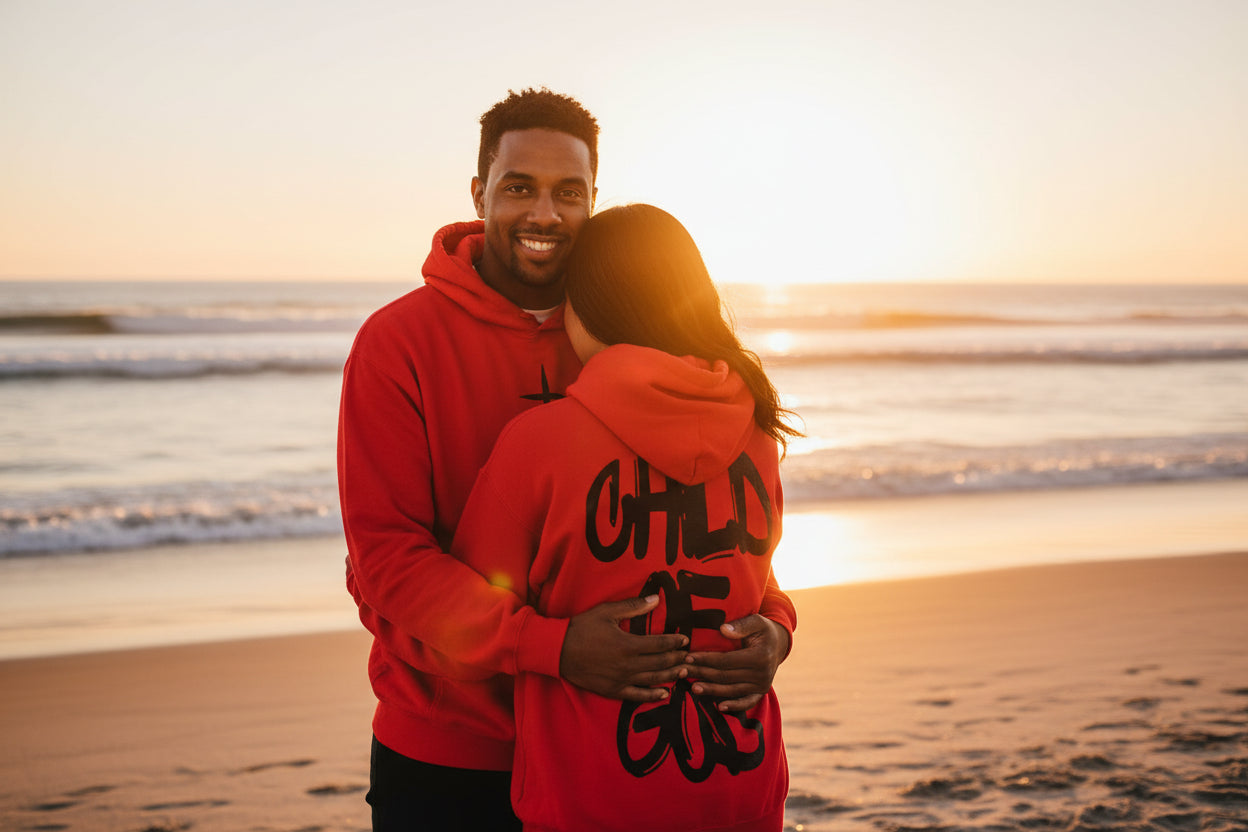 Red hoodie with black cross design on front and 'Child of God' text on back