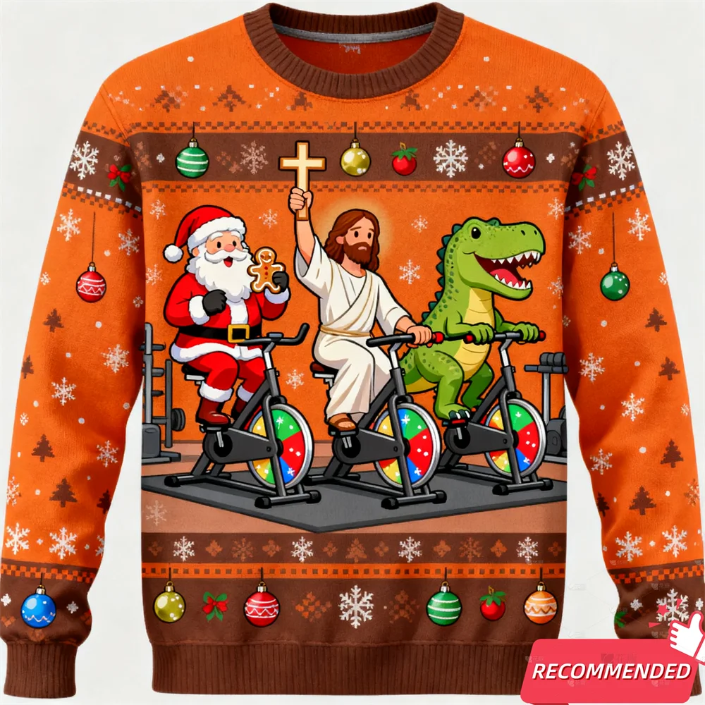 Orange Christmas sweater with Santa, Jesus, and dinosaur on exercise bikes.
