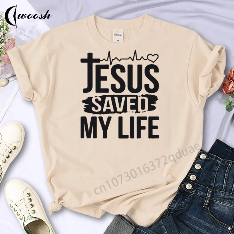 Beige t-shirt with 'Jesus Saved My Life' text on a light background