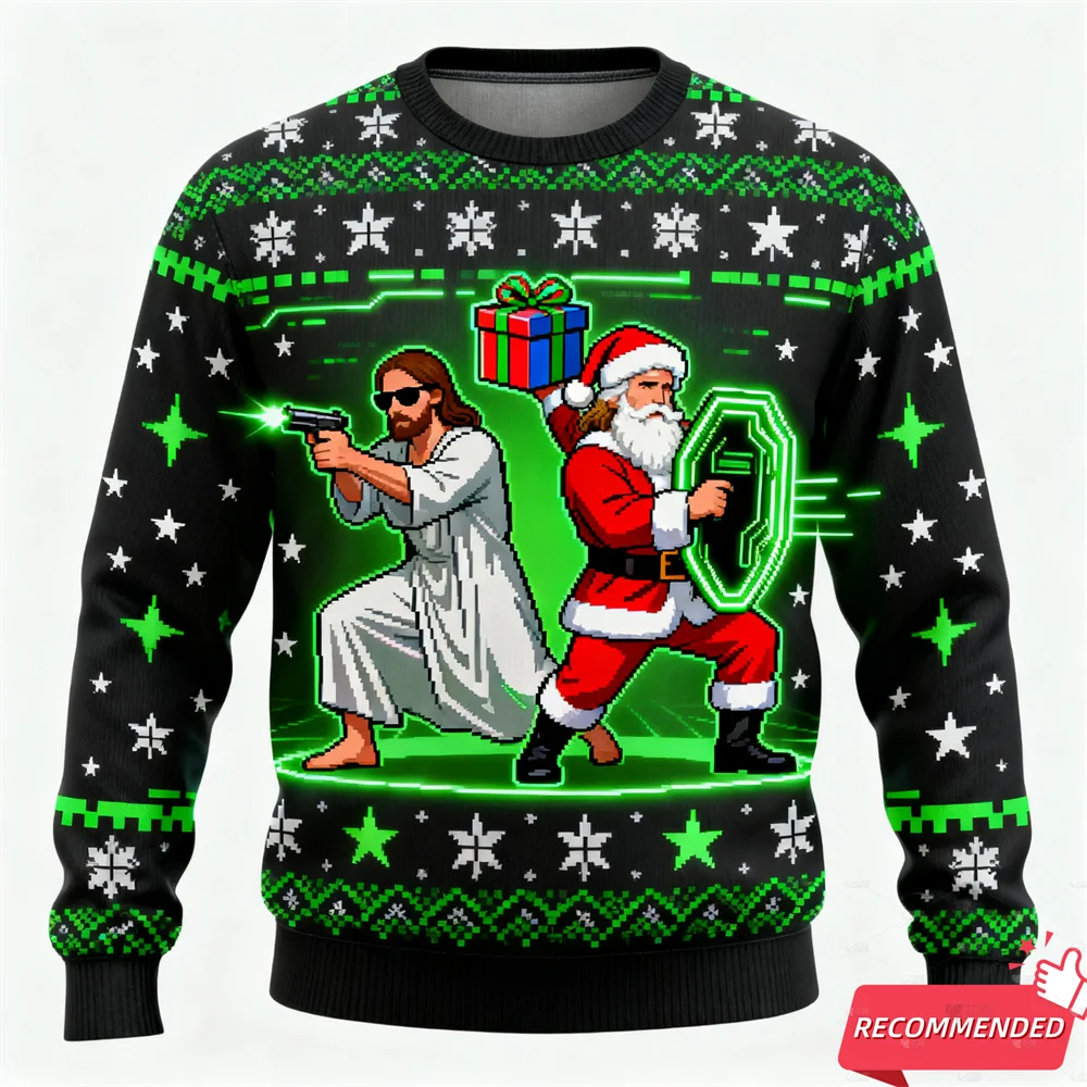 Ugly Christmas sweater with a graphic of Jesus and Santa Claus holding guns on a green background.