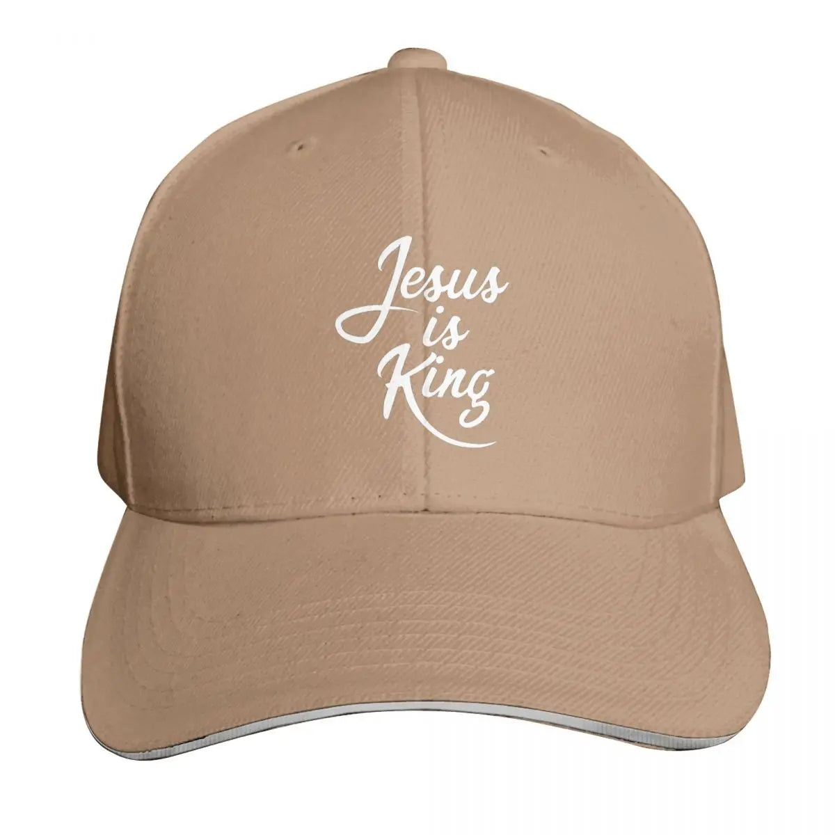 Beige cap with 'Jesus is King' text on a white background