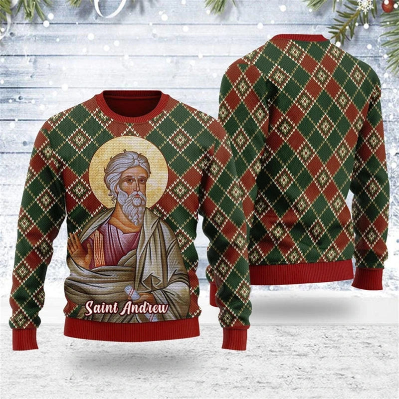 Plaid sweater with Saint Andrew illustration on a wooden background
