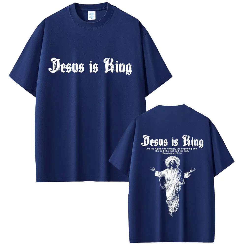 Navy blue t-shirt with 'Jesus is King' text on front and back