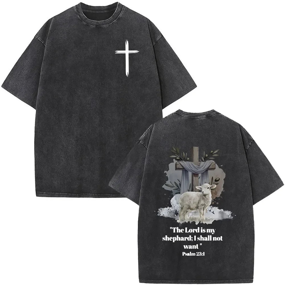 Black t-shirt with cross design on front and lamb and cross illustration on back