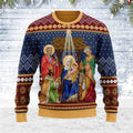 Ugly Christmas sweater with nativity scene design on a wooden background
