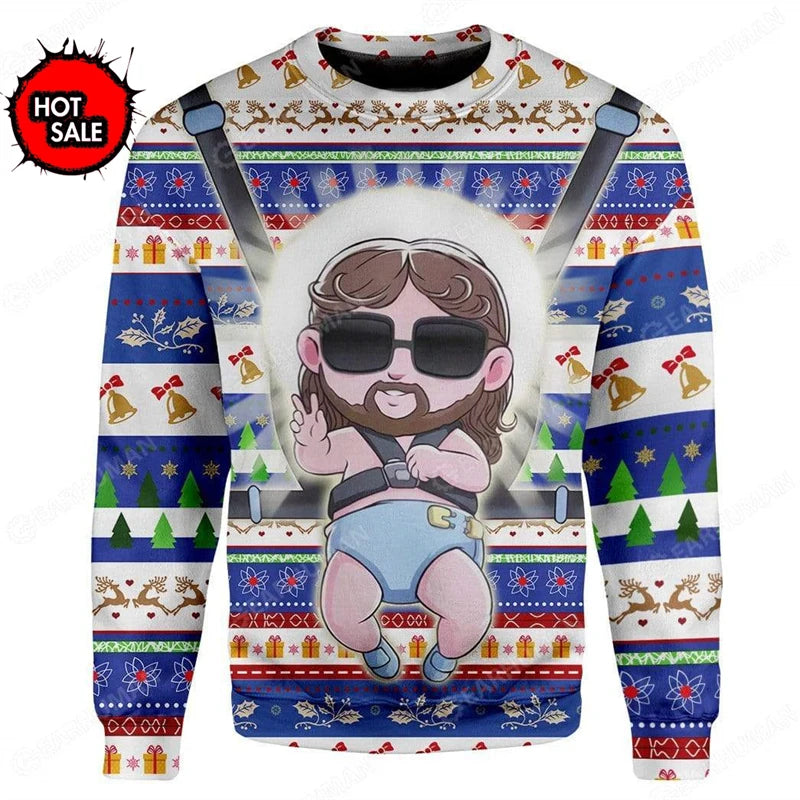 Colorful sweater with cartoon character and Christmas patterns, featuring a 'Hot Sale' label.