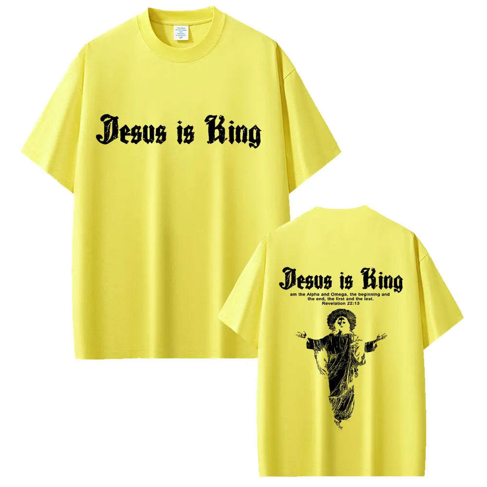 Yellow t-shirt with 'Jesus is King' text on front and back