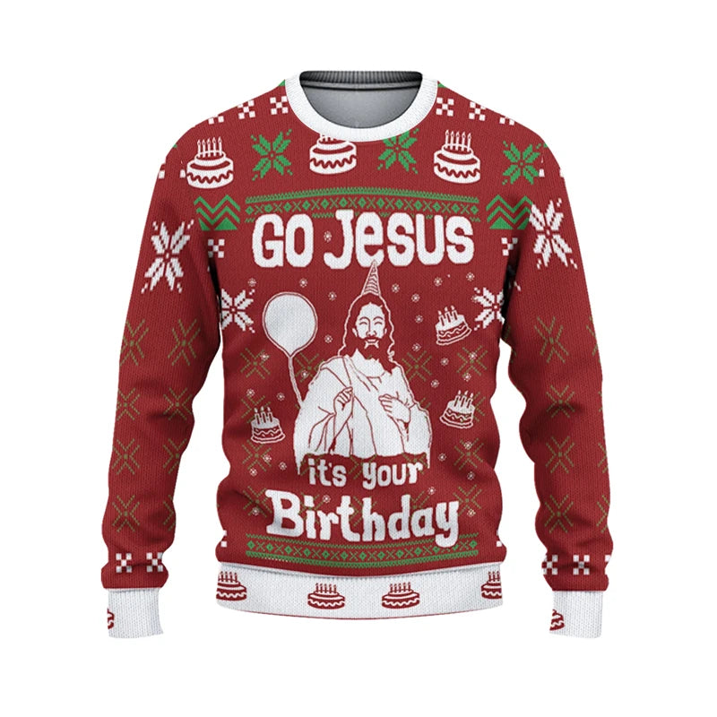 Red sweater with Christmas-themed design and text 'Go Jesus it's your Birthday' on a white background