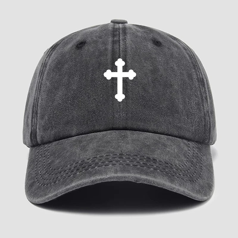 Gray cap with a white cross emblem on a light gray background