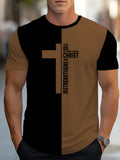 T-shirt with a cross design and text on a blurred background