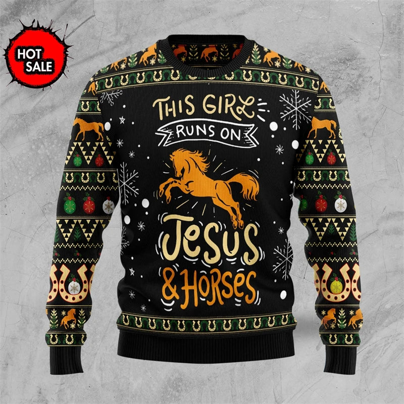 Ugly Christmas sweater with horse and Jesus design on a gray background