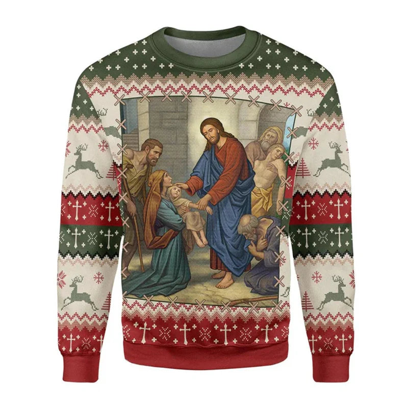 Sweater with religious-themed design and festive patterns on a white background