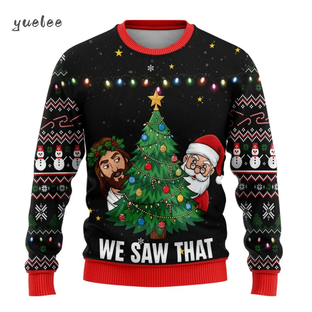 Christmas-themed sweater with Santa Claus, a tree, and text 'We Saw That' on a black background.