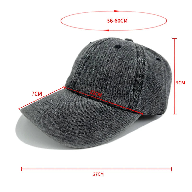 Gray denim cap with measurements on a white background