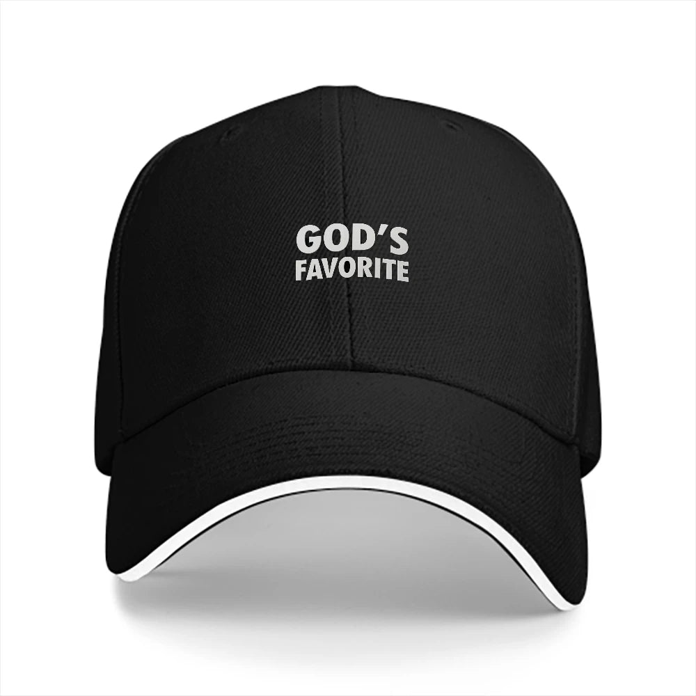 Black cap with 'GOD'S FAVORITE' text on a white background