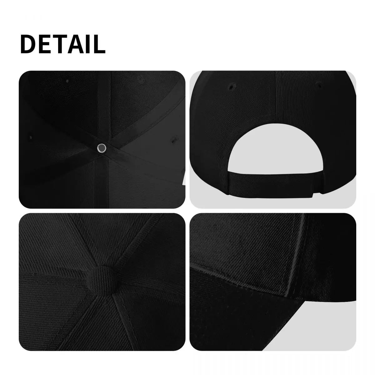 Black cap with detailed views of construction and material on a white background