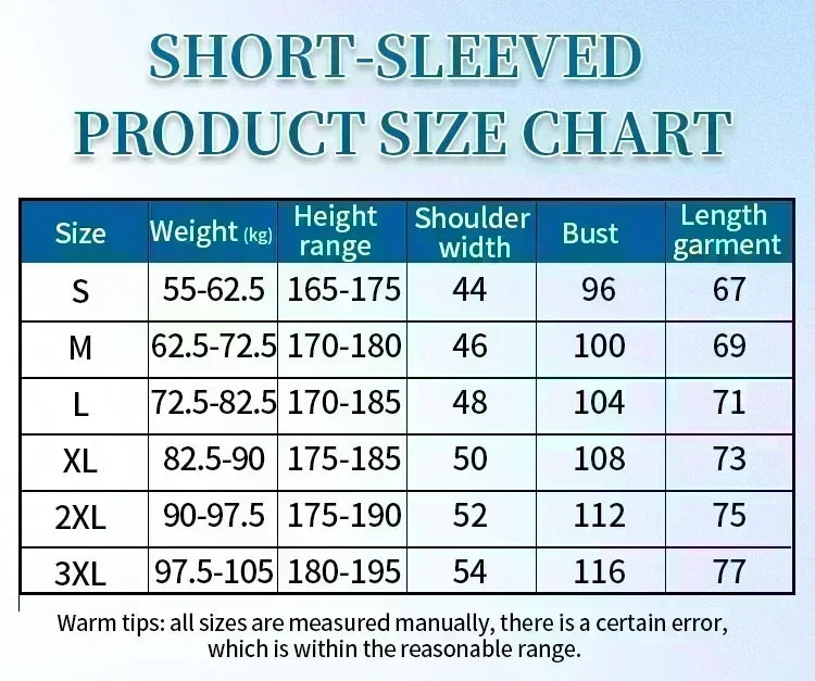 Short-sleeved product size chart with measurements for weight, height, shoulder width, bust, and garment length.