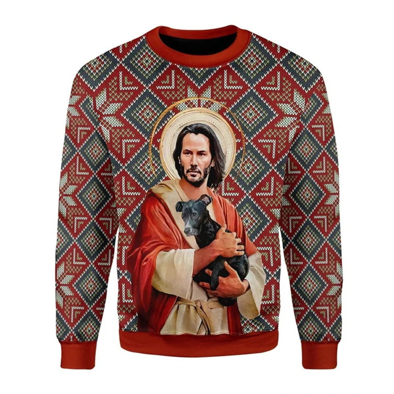 Sweater with a religious-themed design featuring Jesus holding a dog on a geometric patterned background.