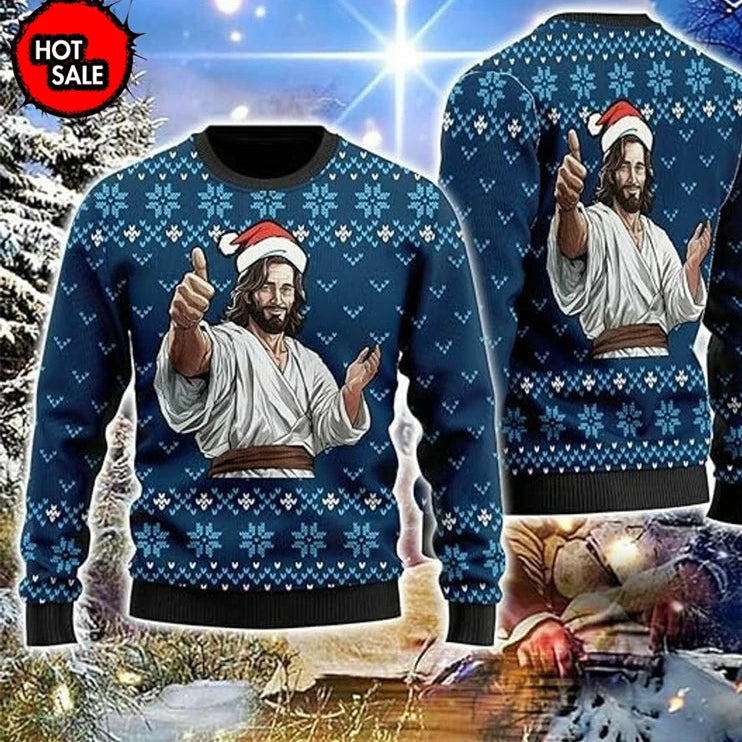 Blue Christmas sweater with a religious figure design, surrounded by festive elements.