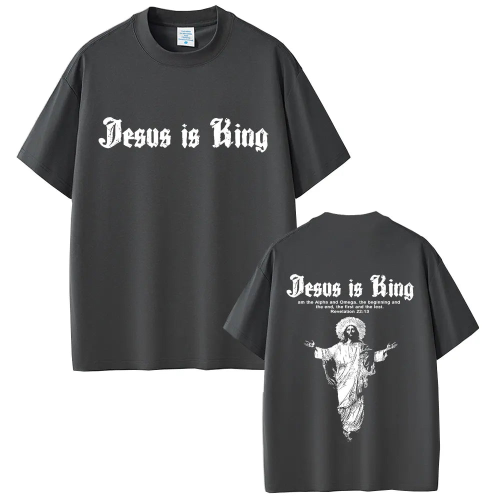 Black t-shirt with 'Jesus is King' text on front and back, featuring an image of Jesus.
