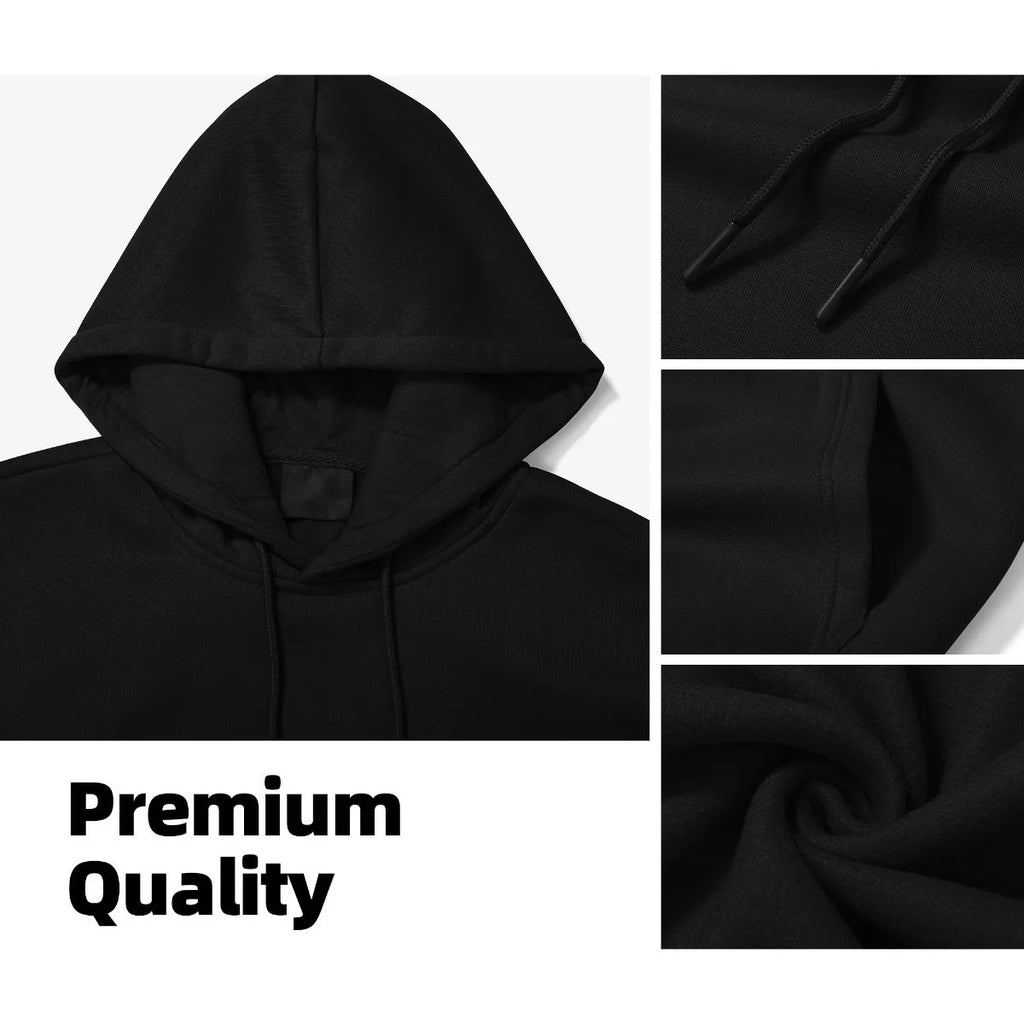 Black hoodie with close-up details and 'Premium Quality' text on a white background