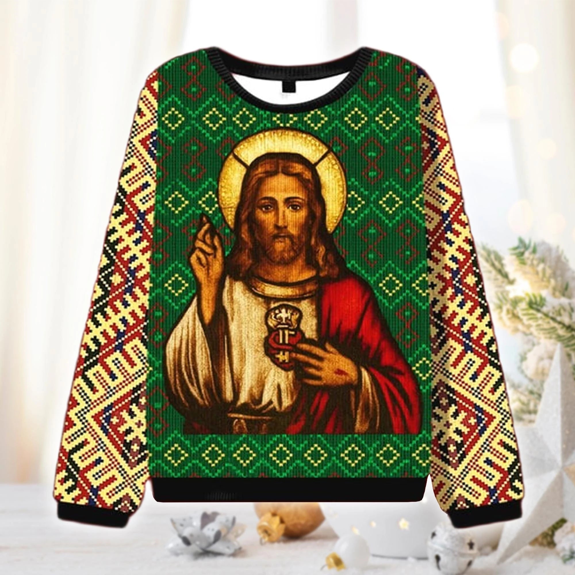 Sweater with religious design featuring a figure holding a chalice on a geometric patterned background.
