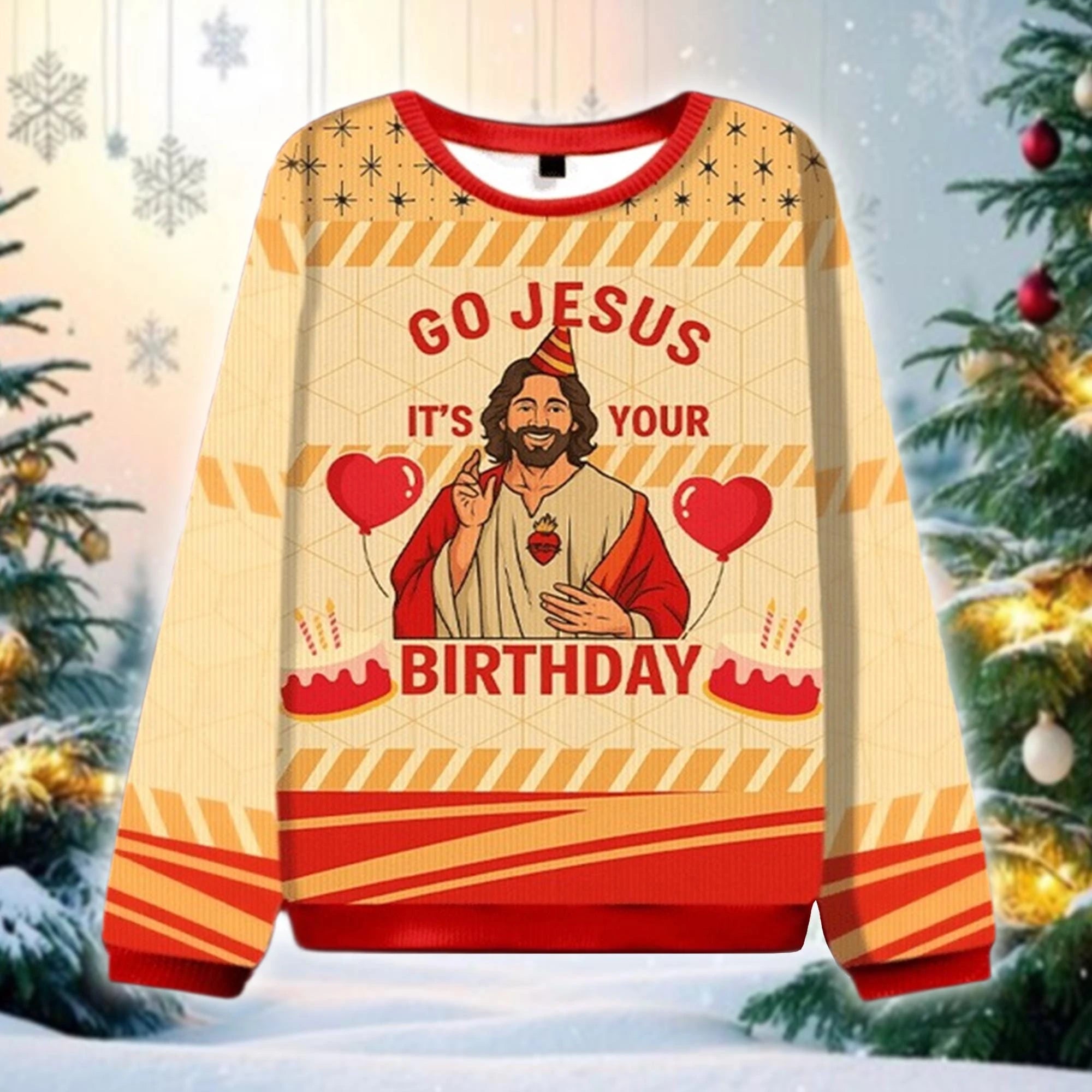 Sweater with 'Go Jesus, it's your birthday' text in a festive setting with Christmas trees.