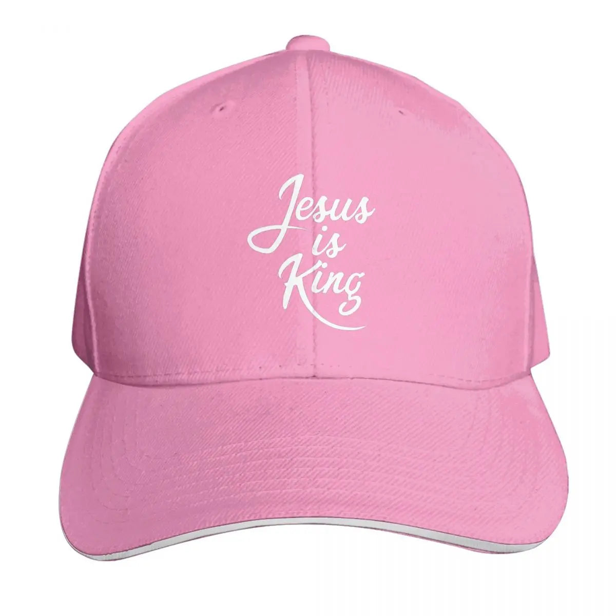 Pink cap with a white logo on a white background