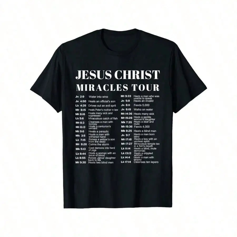 Jesus Miracles Tour Tee in black color, front view.