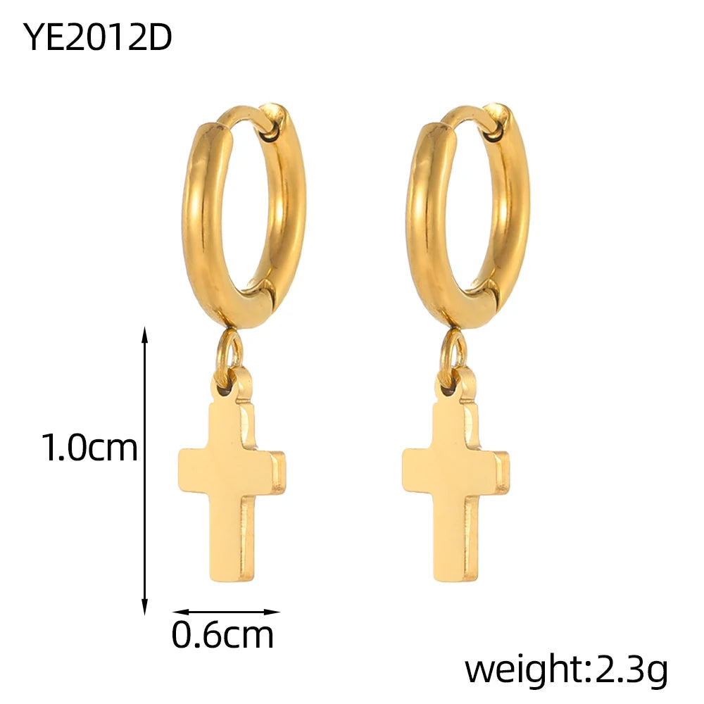 Gold hoop earrings with cross pendants and measurements on a white background