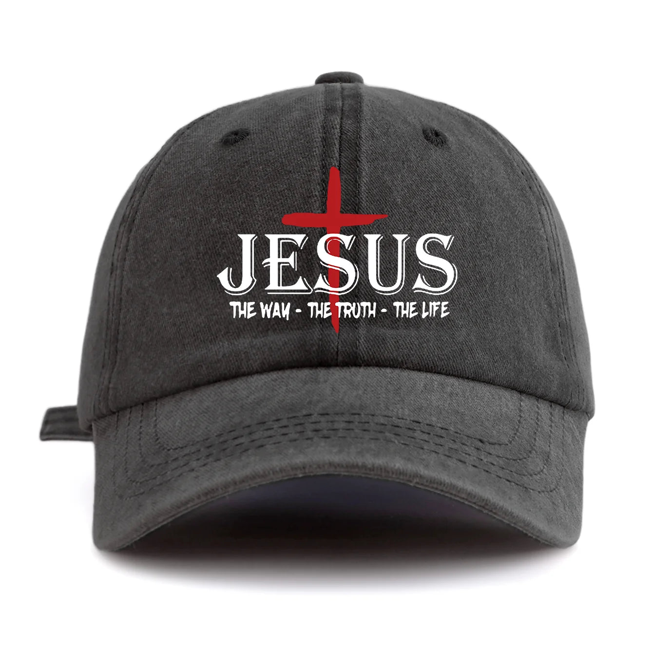 Black cap with 'Jesus The Way The Truth The Life' text and cross design on a white background