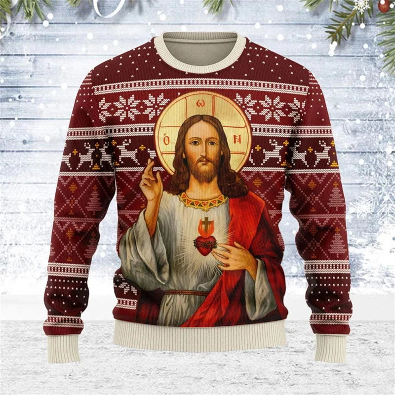 Ugly Christmas sweater with a religious design on a wooden background
