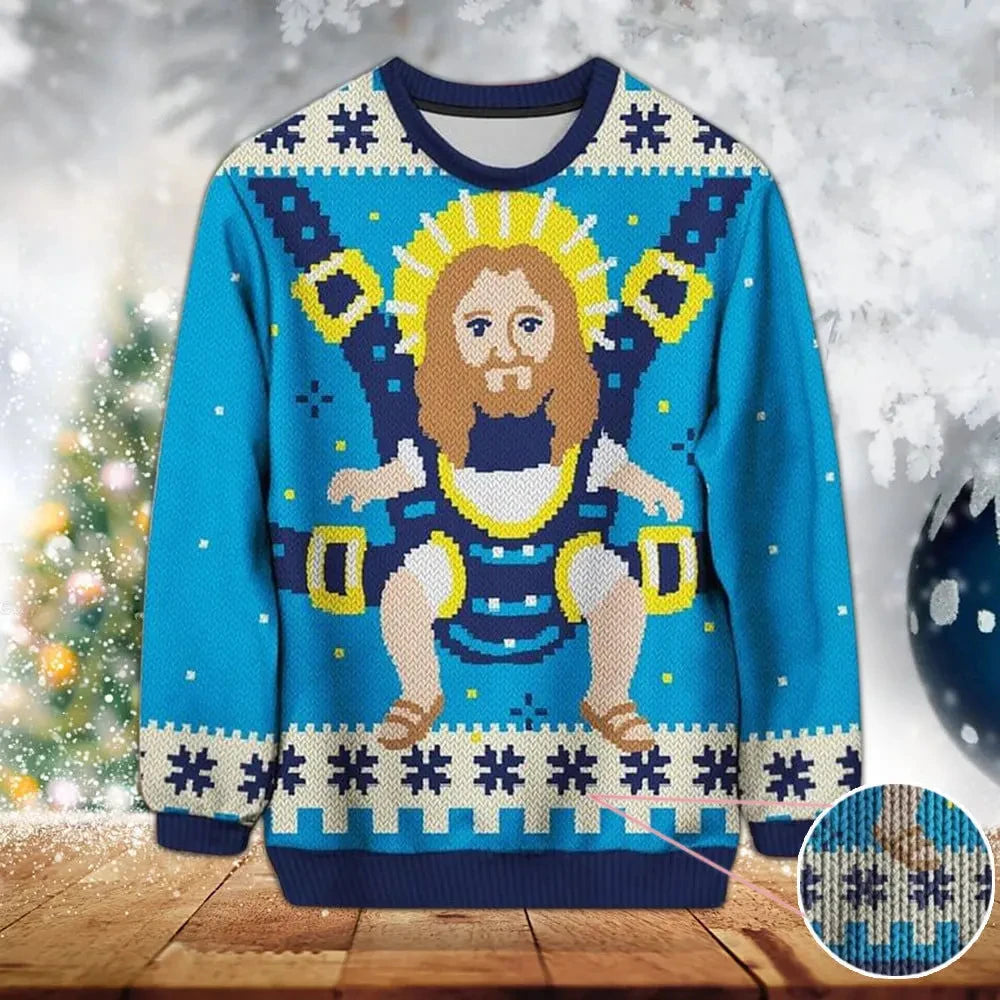 Ugly Christmas sweater with a cartoon character on a wooden table with a festive background.