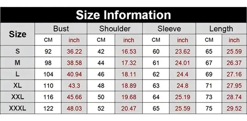 Size chart for clothing with measurements in centimeters and inches.