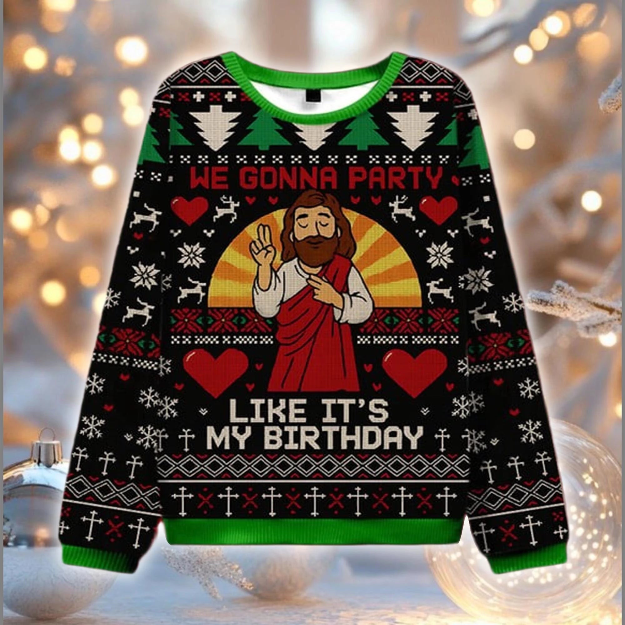 Ugly Christmas sweater with Jesus graphic and text 'We Gonna Party Like It's My Birthday' on a blurred festive background.