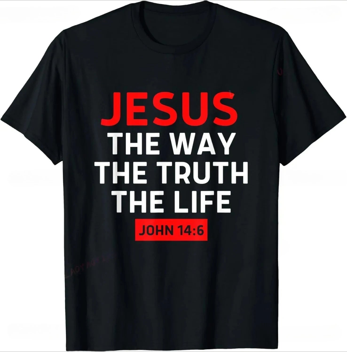 Black t-shirt with red and white text on a white background