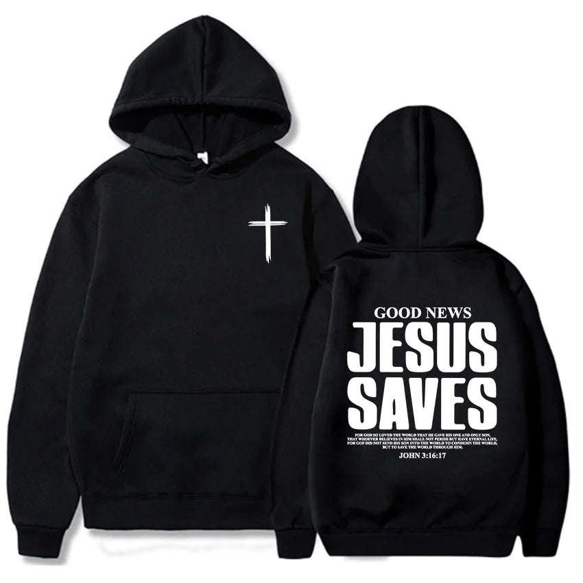 Black hoodie with a cross on the front and 'Good News Jesus Saves' text on the back.