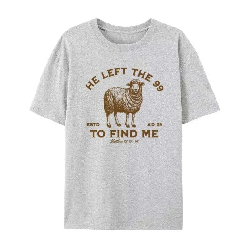 Gray t-shirt with a sheep graphic and text on a white background