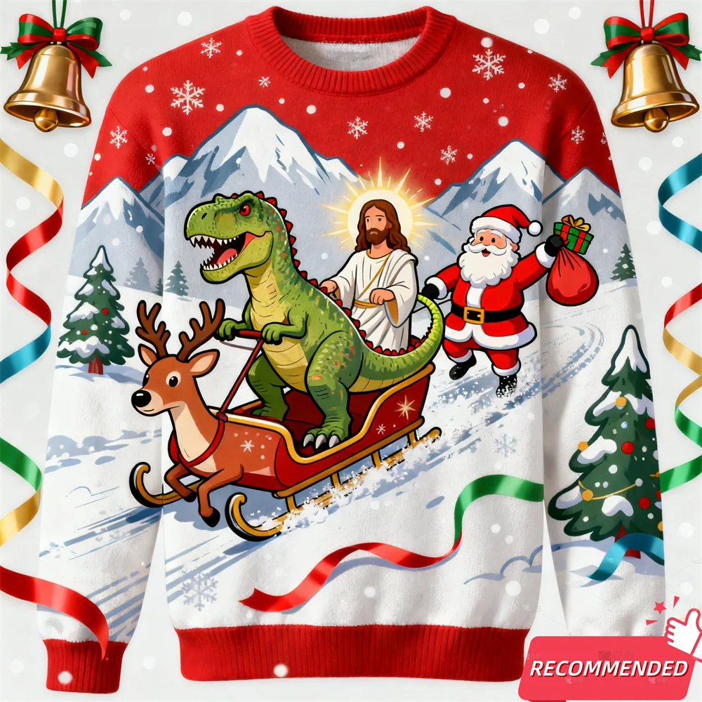 Christmas-themed sweater with Jesus riding a dinosaur, Santa Claus, and reindeer sleigh.