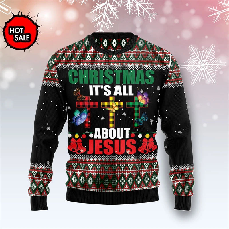 Christmas-themed sweater with text and patterns on a snowy background