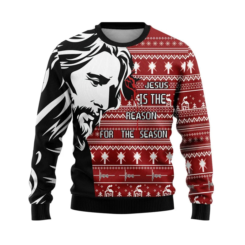 Christmas sweater with Jesus face design and holiday patterns on a white background
