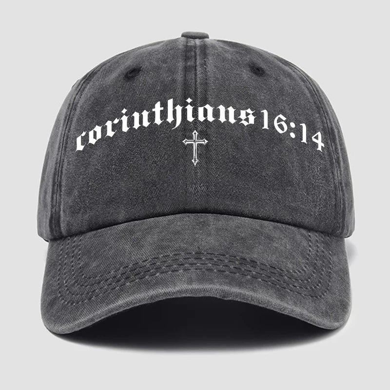 Gray cap with 'corinthians 16:14' text and cross on a light gray background