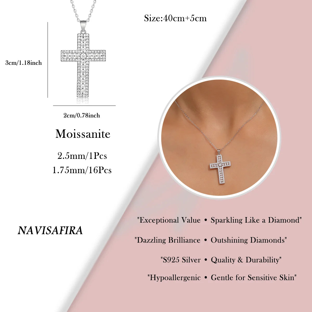 Silver cross necklace with moissanite stones, size chart, and close-up on skin, on a white and pink gradient background.