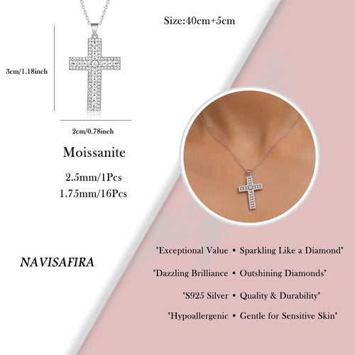 Silver cross necklace with moissanite stones, size chart, and close-up on skin, on a white and pink gradient background.