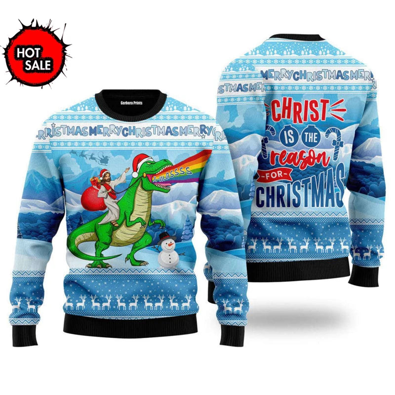Christmas sweater with Santa riding a dragon design on a white background