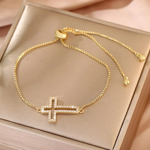 Zircon Cross Bracelet in Gold Color B with elegant design.