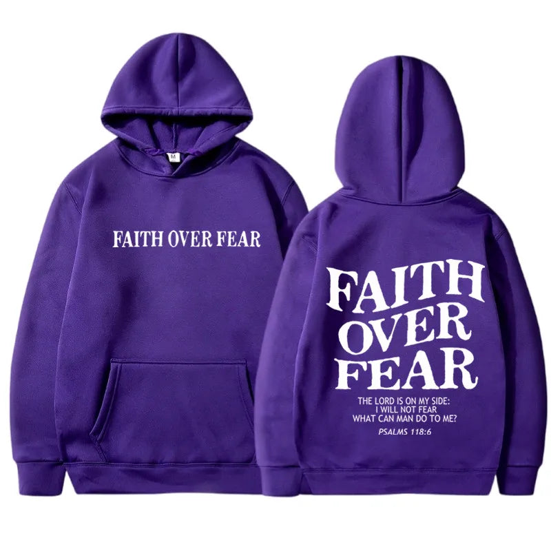 Purple hoodie with 'Faith Over Fear' text on front and back