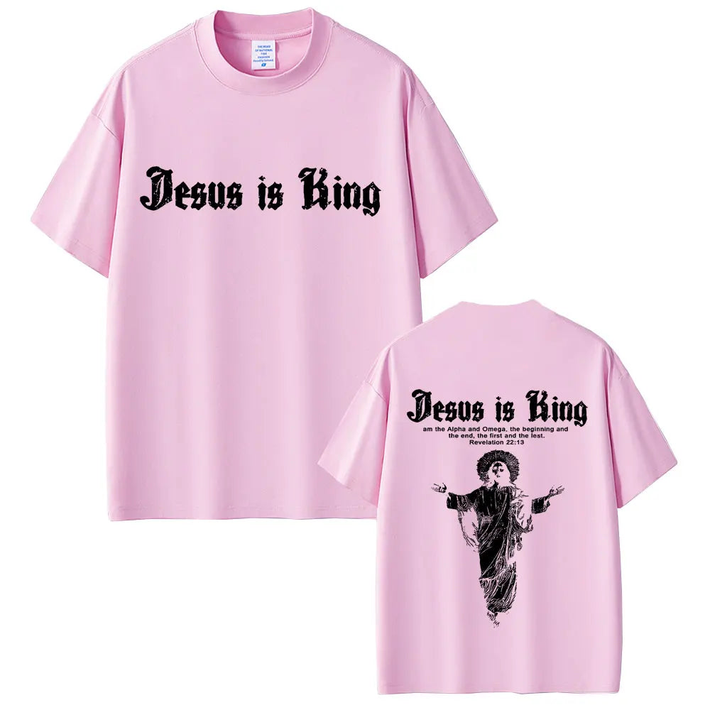 Pink t-shirt with 'Jesus is King' text on front and back